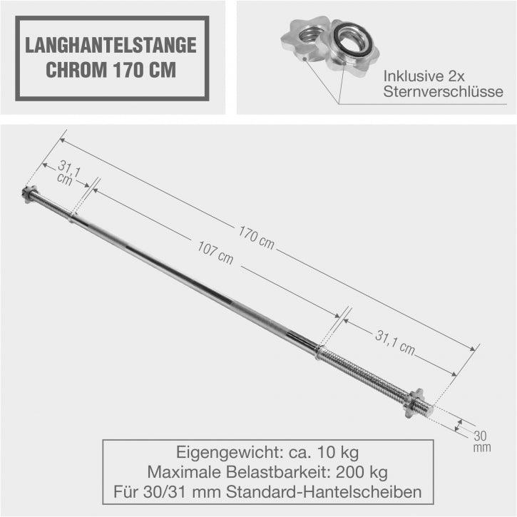 Bilanciere cromato Gorilla Sports 170 cm con chiusure a stella per bodybuilding e fitness.