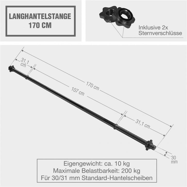 Barra bilanciere Gorilla Sports 170 cm con chiusure a stella, peso 10 kg, fitness e bodybuilding.