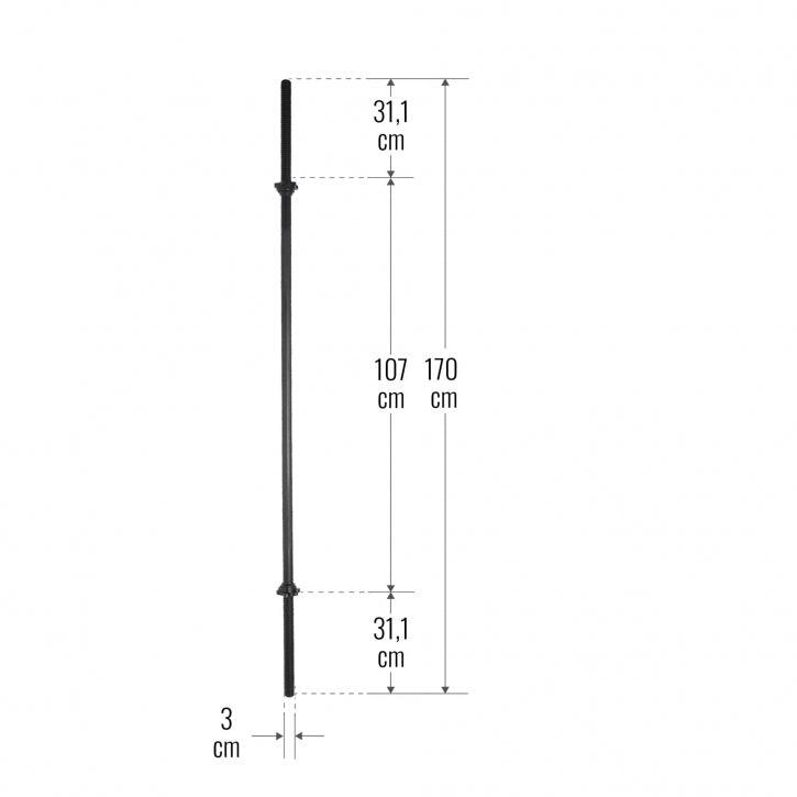Bilanciere nero Gorilla Sports 170 cm per bodybuilding, dettagli con misure in centimetri.