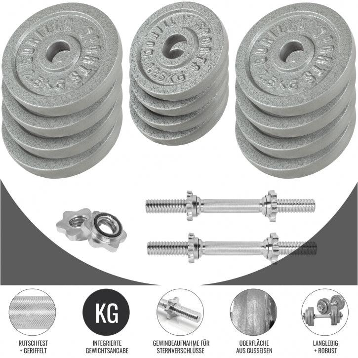 Set manubri Gorilla Sports con piastre pesi in ghisa, accessori bodybuilding fitness.