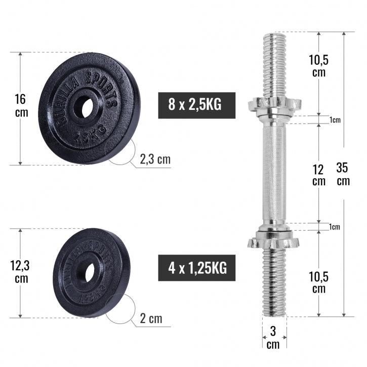Set pesi Gorilla Sports con dischi da 2,5kg e 1,25kg e bilanciere, misure dettagliate.