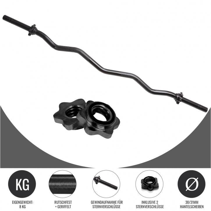 Bilanciere curl nero Gorilla Sports con chiusure a stella, ideale per bodybuilding e fitness.