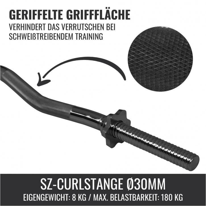 Barra curl SZ Gorilla Sports Ø30 mm, zigrinatura antiscivolo per bodybuilding e fitness.