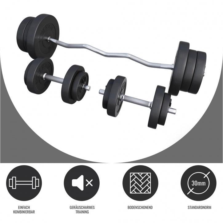 Set bilanciere e manubri Gorilla Sports, dischi neri, fitness bodybuilding, fondo grafico