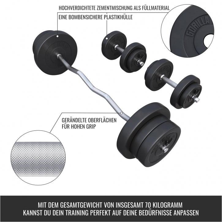 Set pesi e bilanciere Gorilla Sports per bodybuilding, impugnatura zigrinata, 70 kg totali.