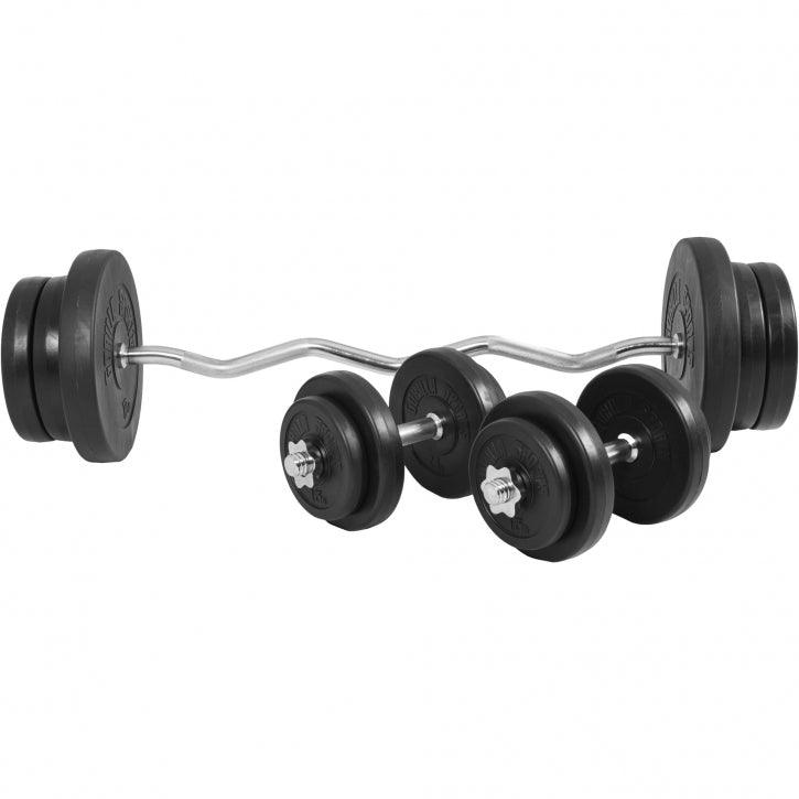 Set bilanciere e manubri Gorilla Sports con dischi neri per bodybuilding e fitness