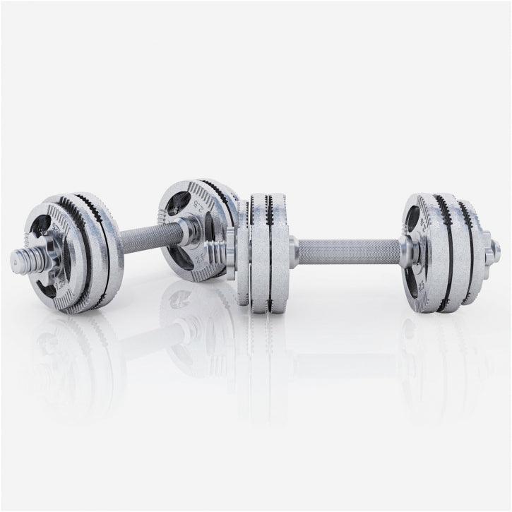 Set manubri regolabili in metallo Gorilla Sports per bodybuilding e fitness su sfondo bianco