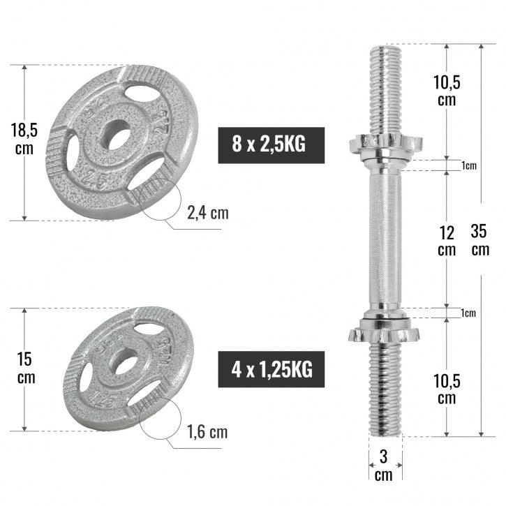 Set manubri Gorilla Sports con dischi in ghisa 2,5 kg e 1,25 kg, dimensioni dettagliate
