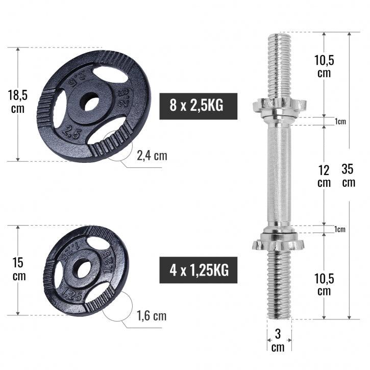 Set bilanciere Gorilla Sports con manubri 35 cm, dischi 2,5 kg e 1,25 kg, misure dettagliate.