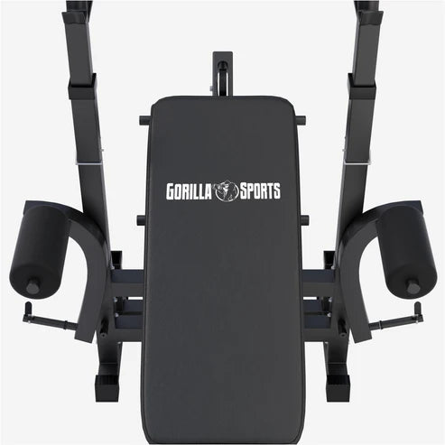 Panca multifunzione Gorilla Sports per bodybuilding e fitness, vista frontale, nero