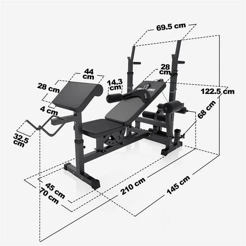 Panca multifunzione nera Gorilla Sports per bodybuilding e fitness, dettagliata con misure