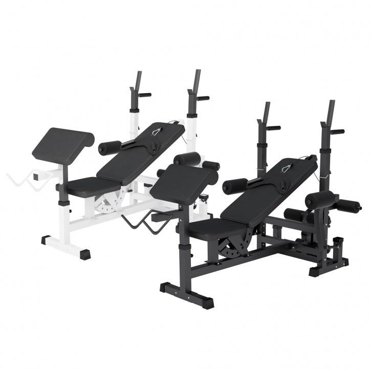 Panca multifunzione regolabile Gorilla Sports per bodybuilding e fitness, colori nero e bianco.