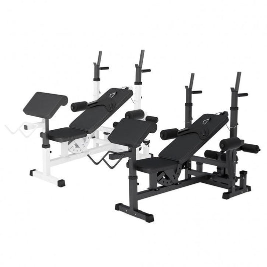Panca multifunzione regolabile Gorilla Sports per bodybuilding e fitness, colori nero e bianco.