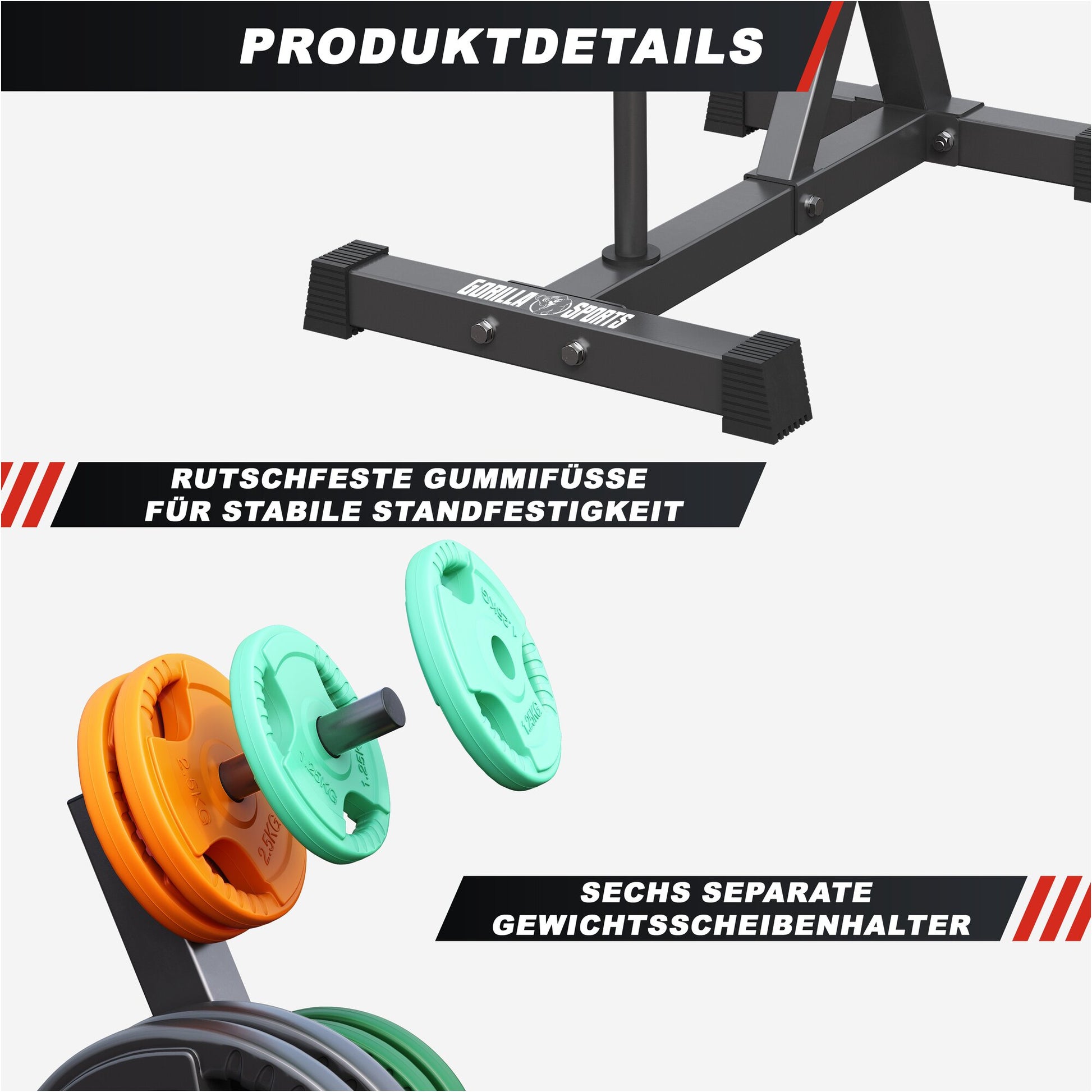 Supporto pesi Gorilla Sports con piedini in gomma antiscivolo e sei portadischi, bodybuilding fitness.