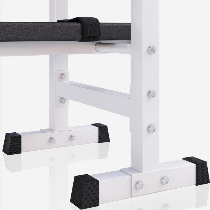 Panca fitness Gorilla Sports con struttura bianca e piedini neri, dettaglio stabile.