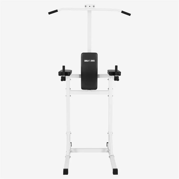 Stazione multifunzione bianca Gorilla Sports per trazioni e dip, attrezzo fitness home gym
