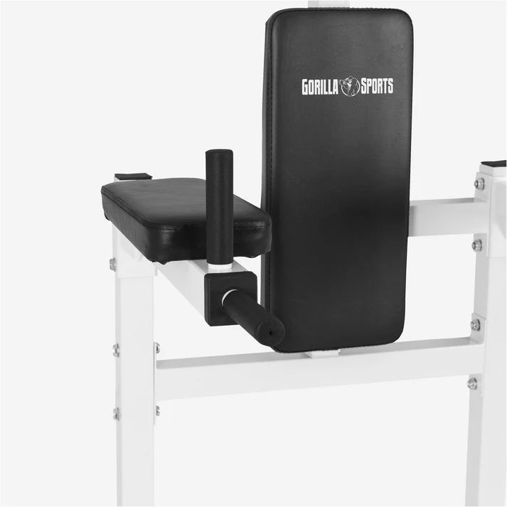 Panca multifunzione palestra Gorilla Sports nera, struttura bianca per allenamento fitness