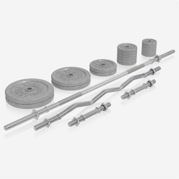 Set bilanciere e pesi Gorilla Sports per bodybuilding e fitness, su sfondo bianco