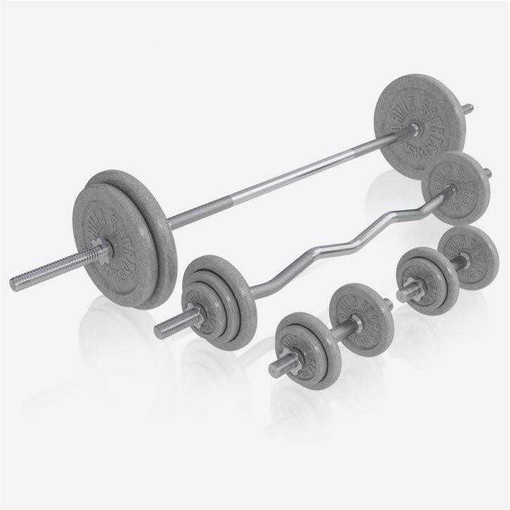 Set bilanciere e manubri in ghisa Gorilla Sports per bodybuilding e fitness, sfondo bianco