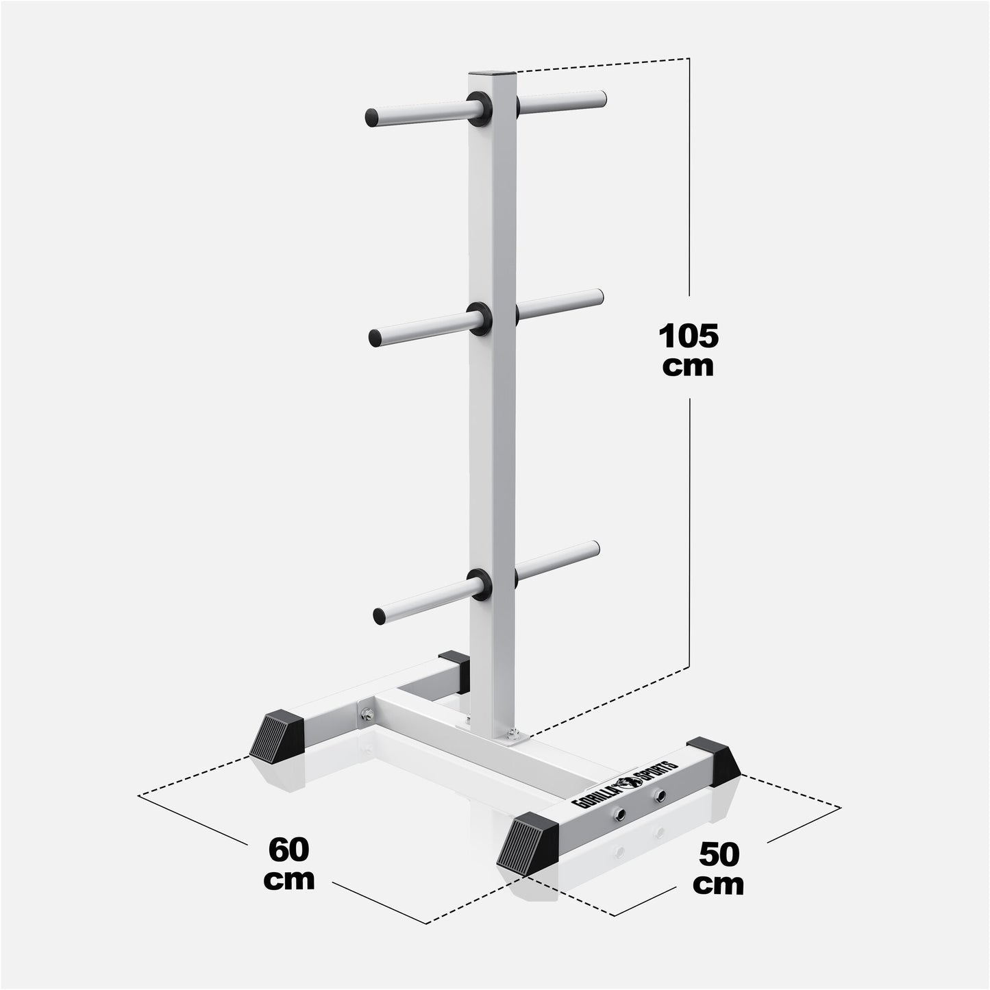 Porta dischi pesi Gorilla Sports bianco, supporto verticale in acciaio con dimensioni 105x60x50 cm.