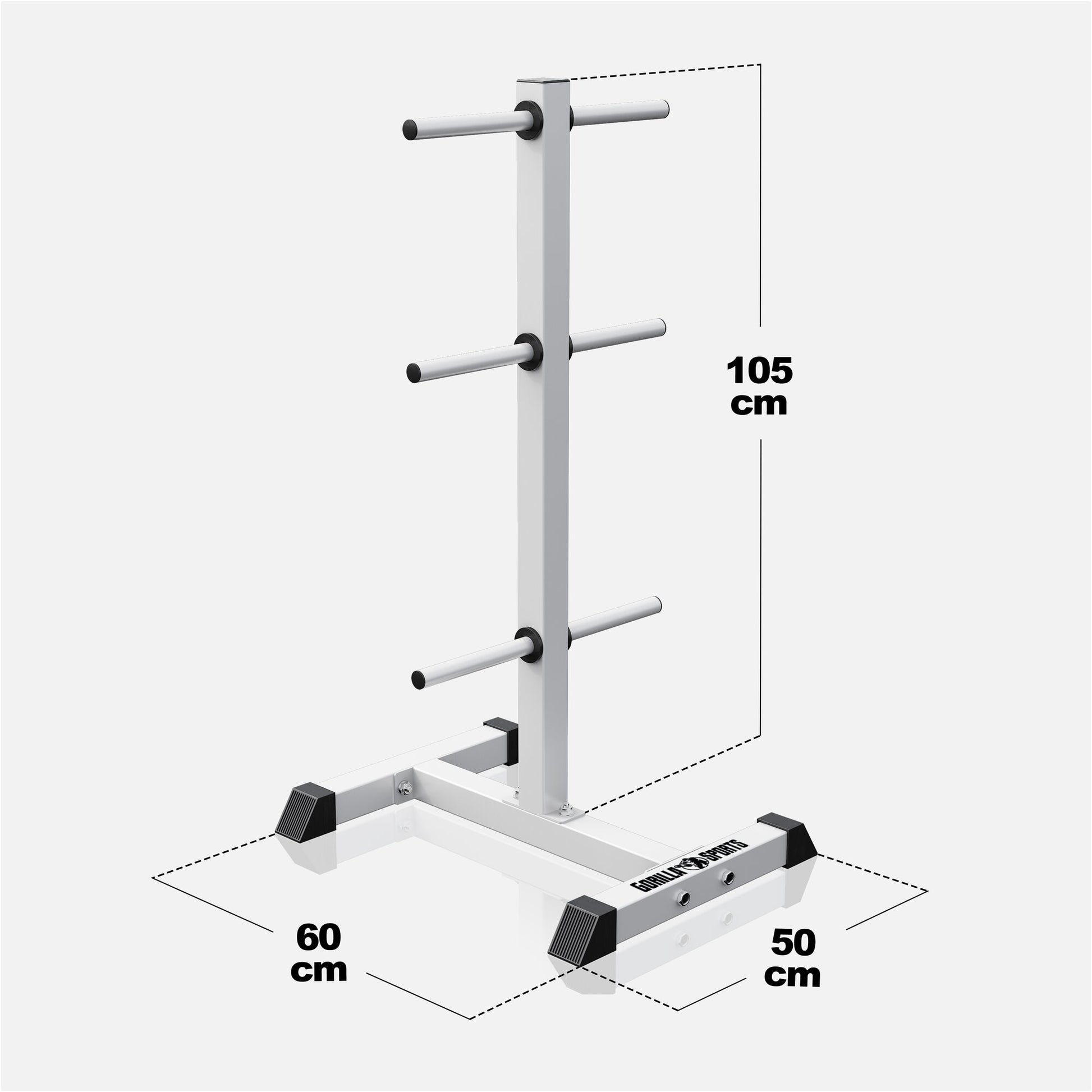 Porta dischi pesi Gorilla Sports bianco, supporto verticale in acciaio con dimensioni 105x60x50 cm.