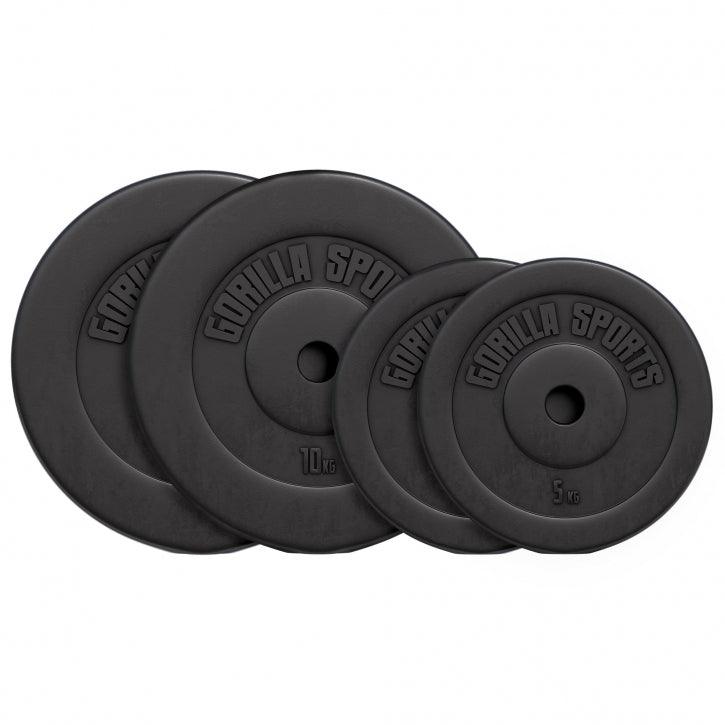 Dischi pesi neri Gorilla Sports per bodybuilding e fitness, vari kg, su sfondo bianco.