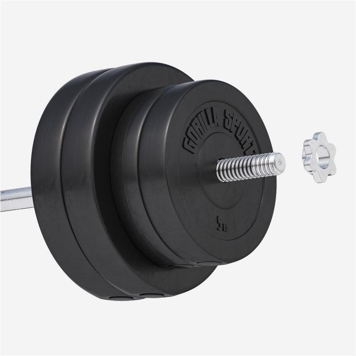Manubrio con pesi neri Gorilla Sports per bodybuilding e fitness, sfondo bianco.