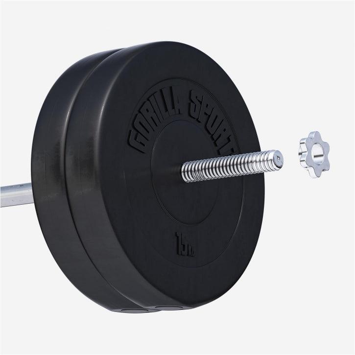 Disco pesi nero Gorilla Sports da 15 kg per bodybuilding e fitness, dettaglio bilanciere