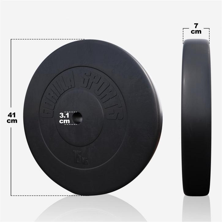 Disco pesi 15 kg Gorilla Sports nero, dimensioni 41x7 cm, foro centrale 3,1 cm per bodybuilding