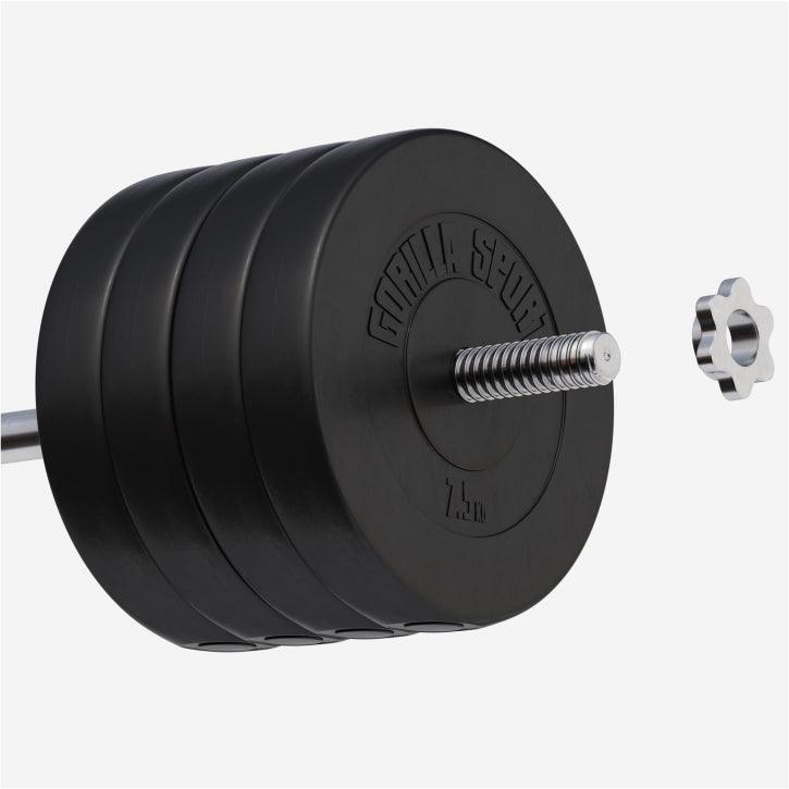 Disco pesi Gorilla Sports nero su bilanciere per allenamento bodybuilding e fitness