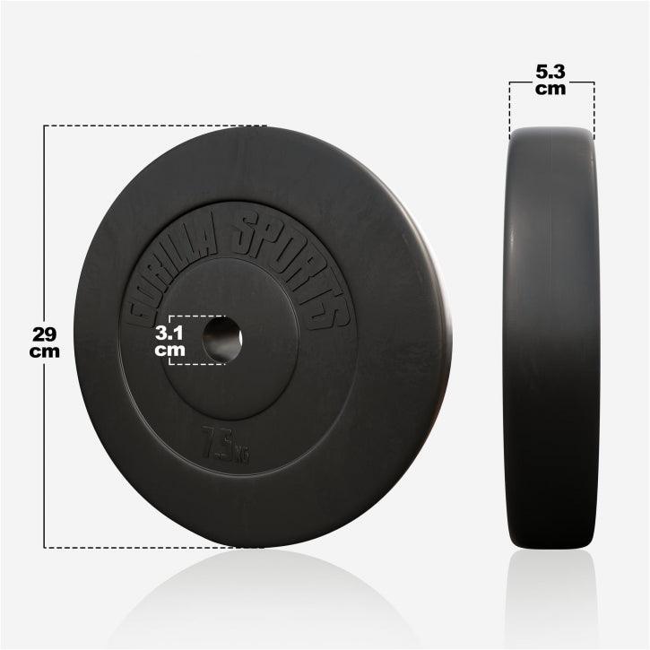 Disco pesi Gorilla Sports 7,5 kg nero, misure 29x5,3 cm per bodybuilding e fitness