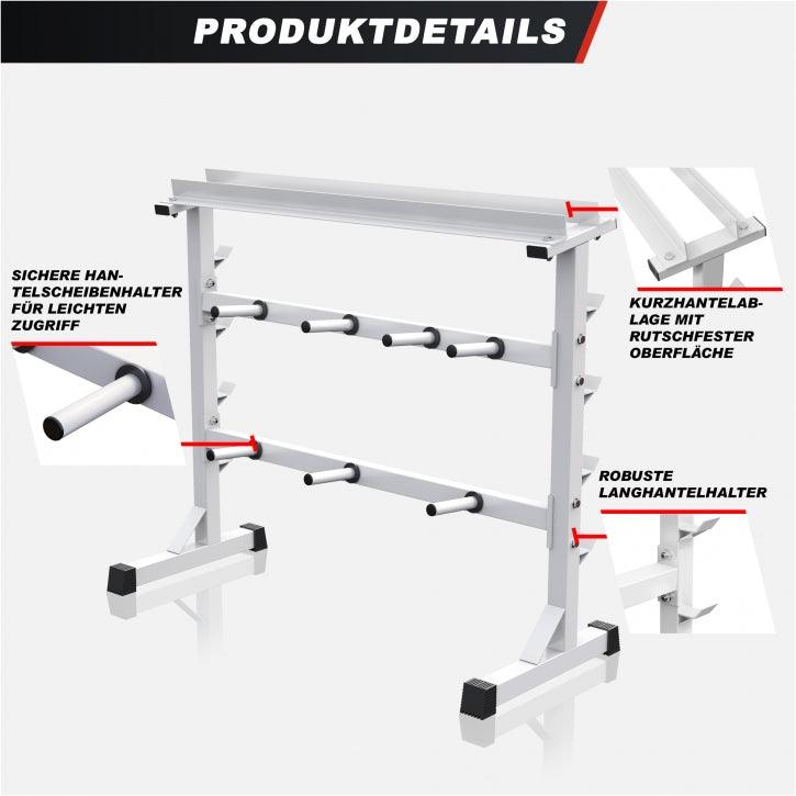 Supporto rack per bilancieri Gorilla Sports, struttura in metallo bianco per palestra