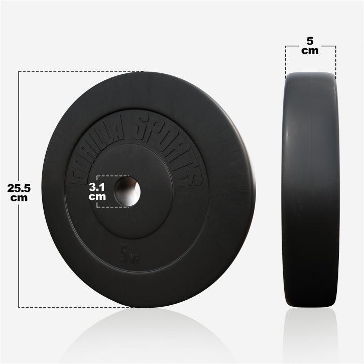Disco pesi Gorilla Sports 5 kg nero, misure 25,5x5 cm per bodybuilding e fitness