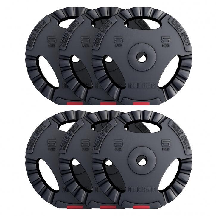 Set di 8 dischi pesi 5kg Gorilla Sports per bodybuilding e fitness, colore nero.