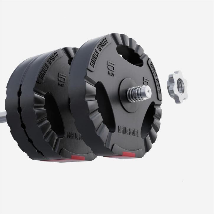 Manubrio da palestra Gorilla Sports con pesi neri da 5 kg, ideale per bodybuilding e fitness.