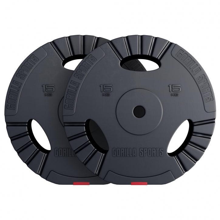 Coppia dischi palestra Gorilla Sports 15 kg neri, pesi bodybuilding e fitness.