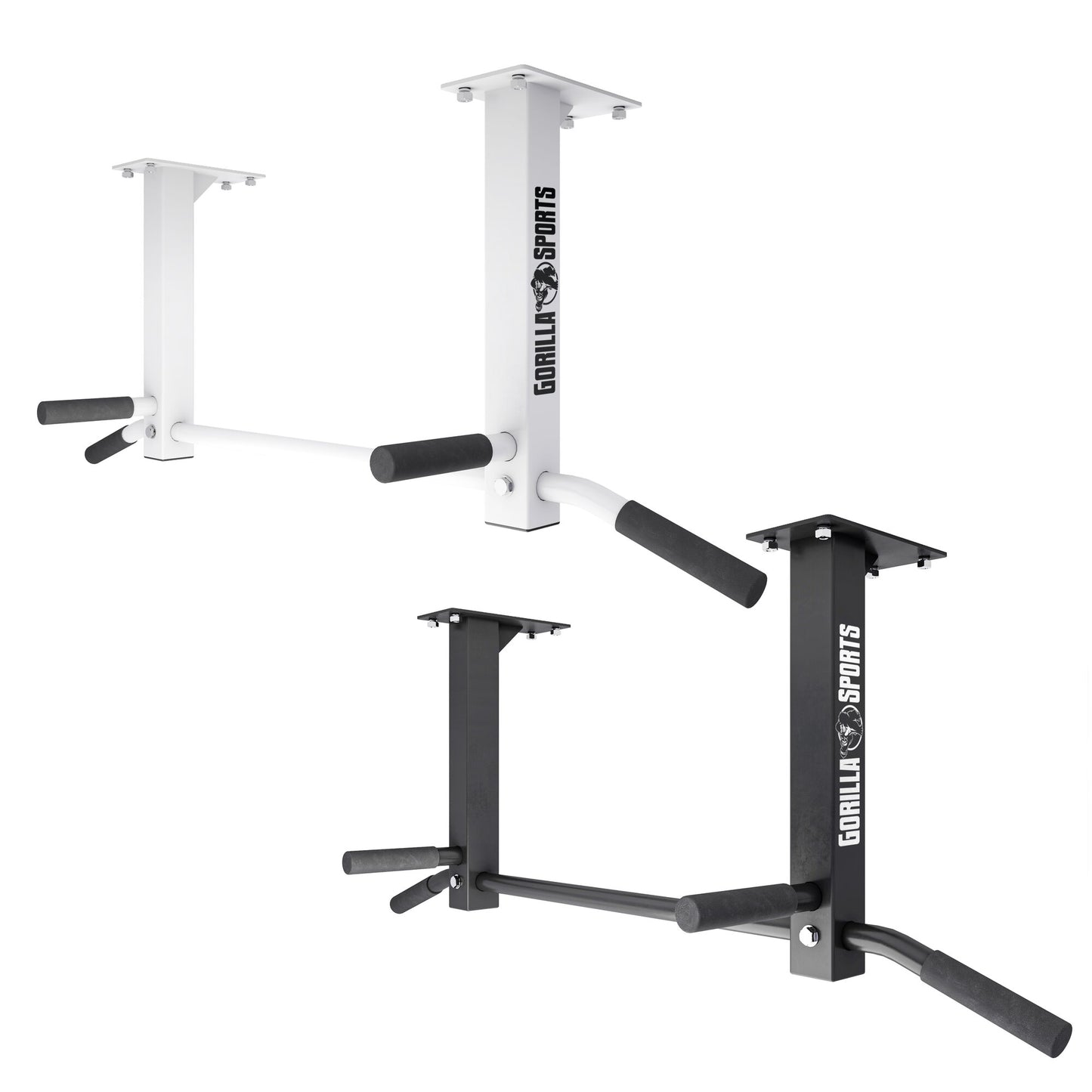 Barra trazioni da soffitto Gorilla Sports per palestra casa, versioni bianca e nera.