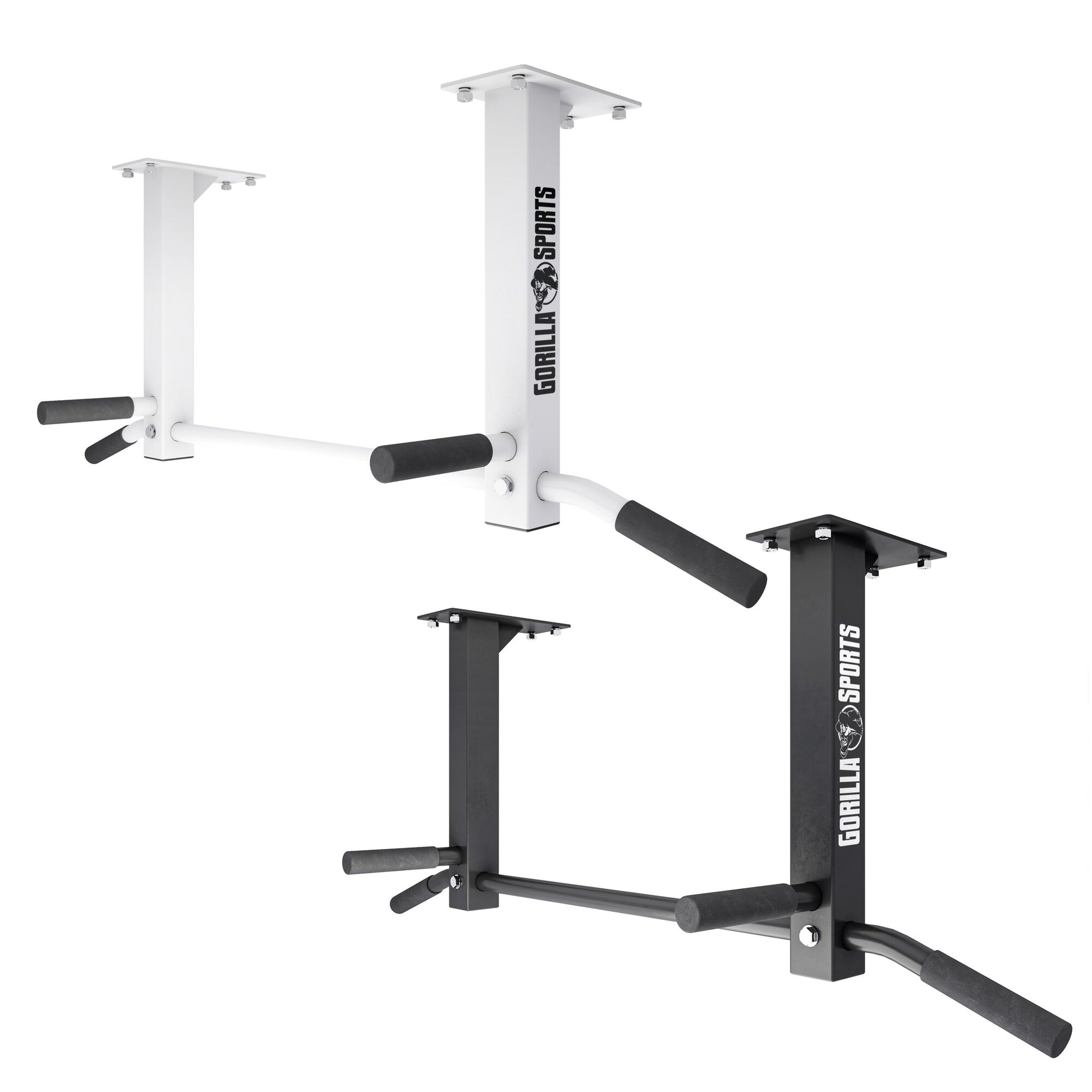 Barra trazioni da soffitto Gorilla Sports per palestra casa, versioni bianca e nera.