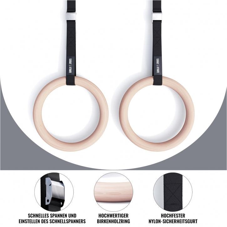 Anelli da ginnastica in legno Gorilla Sports con cinghie in nylon, attrezzo fitness per allenamento corpo libero.