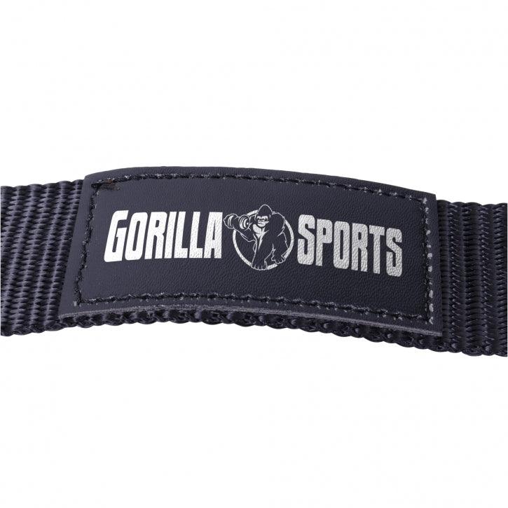 Cinturino nero Gorilla Sports per fitness e bodybuilding, logo visibile, dettaglio ravvicinato.