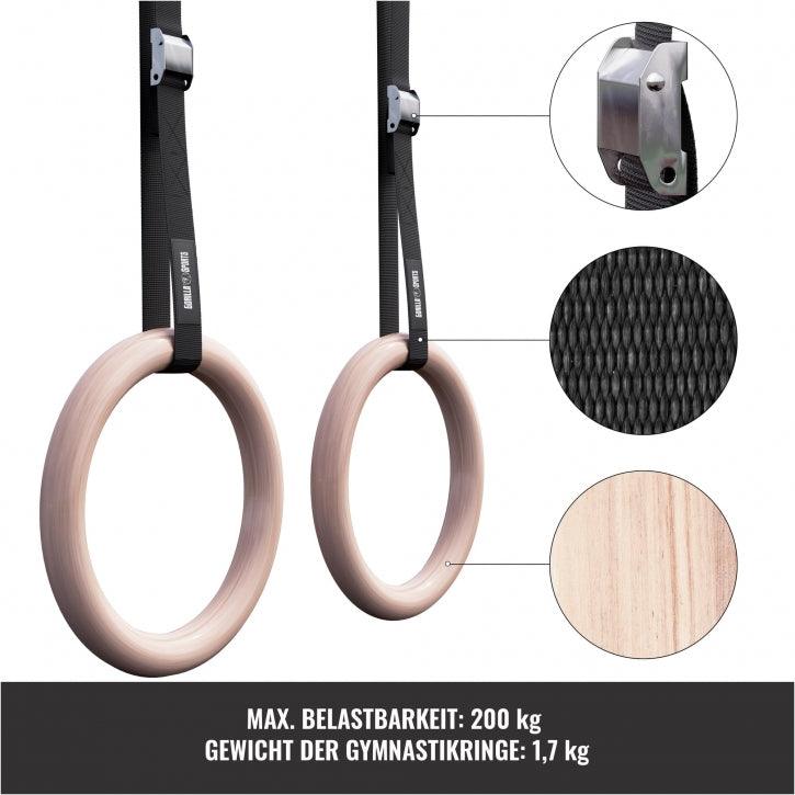 Anelli ginnici Gorilla Sports in legno con cinghie regolabili per allenamento fitness