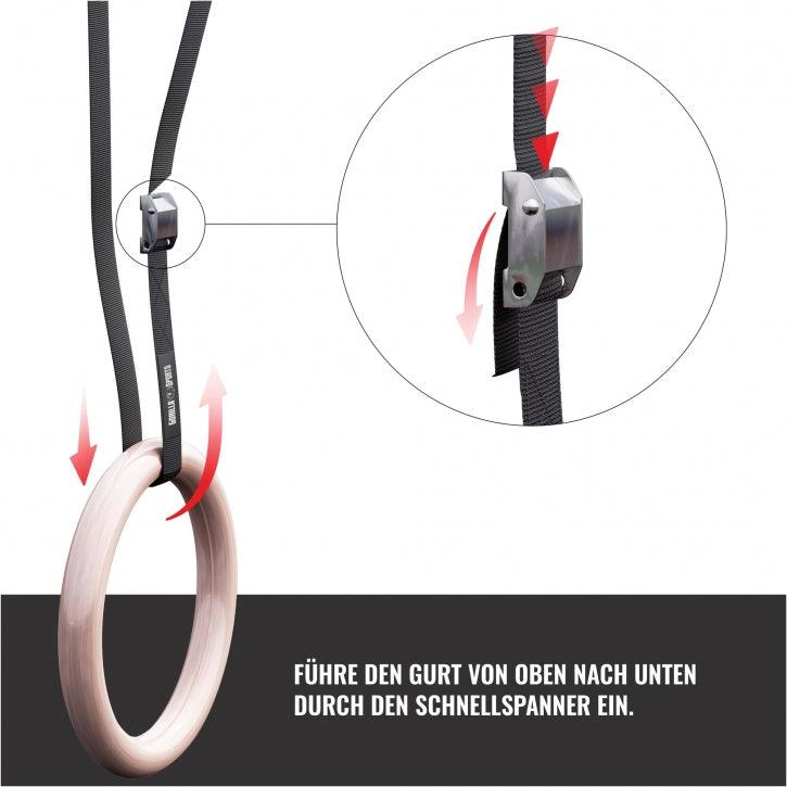 Anello ginnico in legno Gorilla Sports con cintura nera e fibbia di regolazione per fitness.