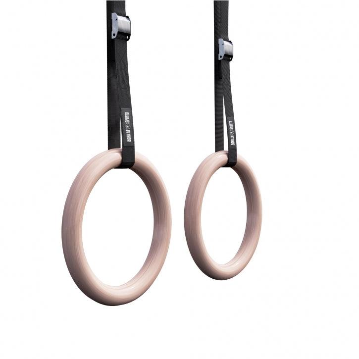 Anelli ginnici in legno Gorilla Sports con cinghie nere per allenamento fitness e bodybuilding.