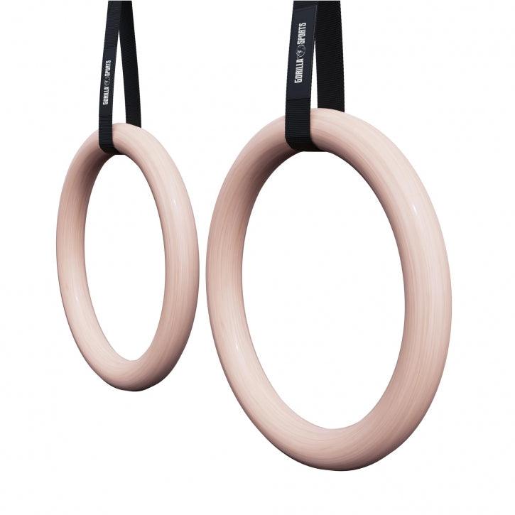 Anelli ginnastica Gorilla Sports in legno chiaro con cinghie nere per allenamento fitness