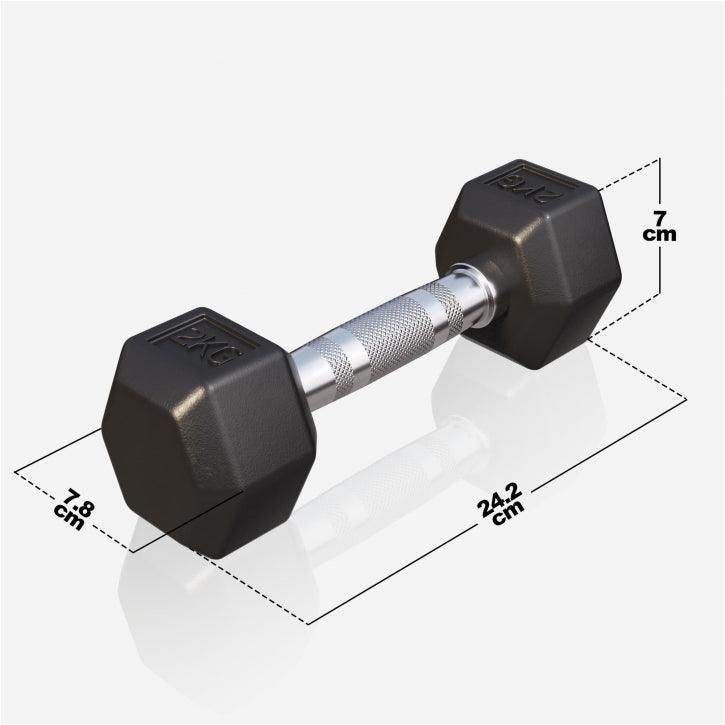 Manubrio esagonale 2kg Gorilla Sports per allenamento bodybuilding e fitness, misure visibili