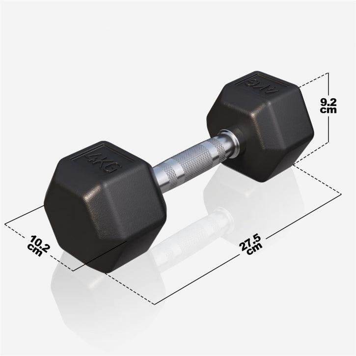 Manubrio esagonale Gorilla Sports 14kg in ghisa, dimensioni evidenziate, attrezzi fitness