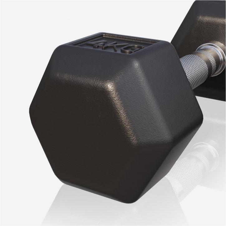 Manubrio esagonale nero Gorilla Sports, dettaglio pesi per palestra fitness e bodybuilding.