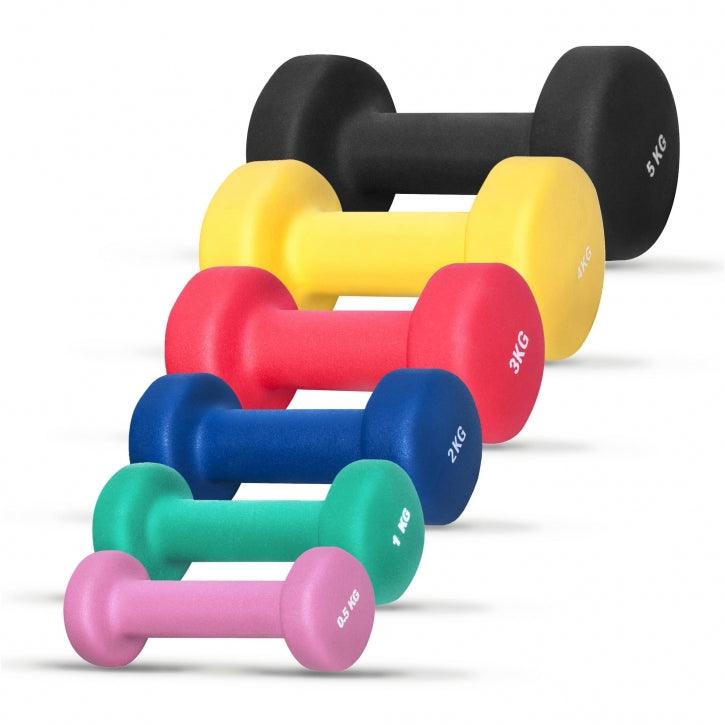 Set di manubri colorati Gorilla Sports per fitness e bodybuilding, vari pesi da 0,5 a 5 kg