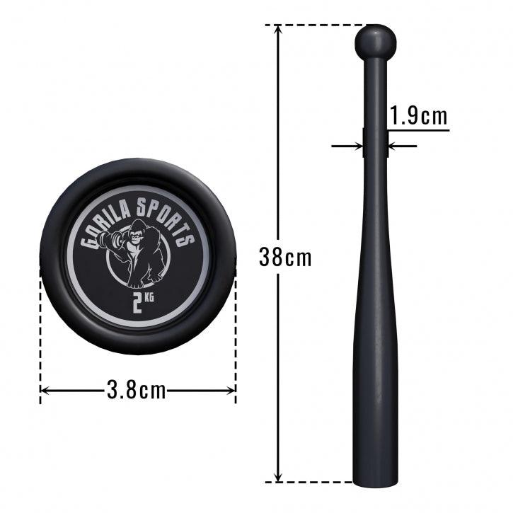 Clava fitness Gorilla Sports 2 kg nera, 38 cm, attrezzo bodybuilding, vista frontale e laterale