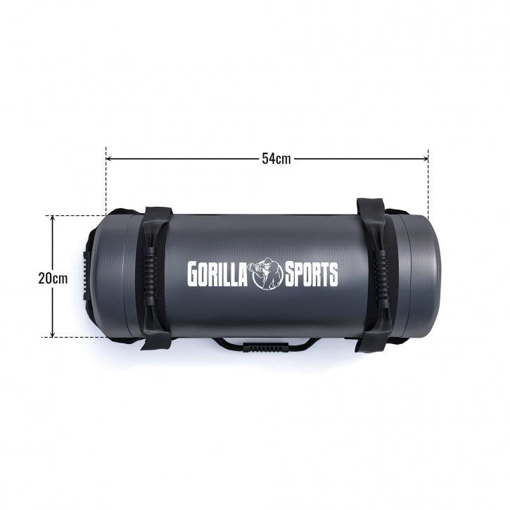 Power bag Gorilla Sports nero con maniglie, misure 54x20 cm, attrezzo fitness per allenamento